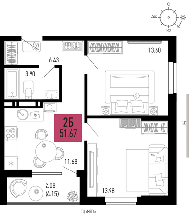 Планировка 2-комн 51,67 м²