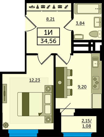 Планировка 1-комн 34,56 м²