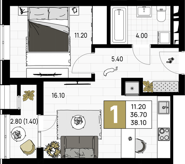Планировка 1-комн 38,1 м²