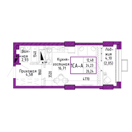 Планировка Студия 26,24 м²