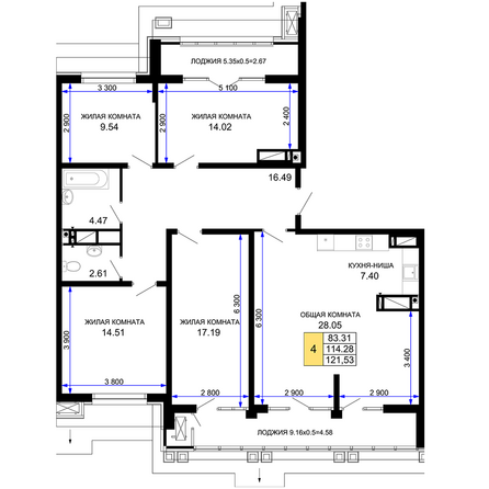 Планировка 5-комн 121,53 м²