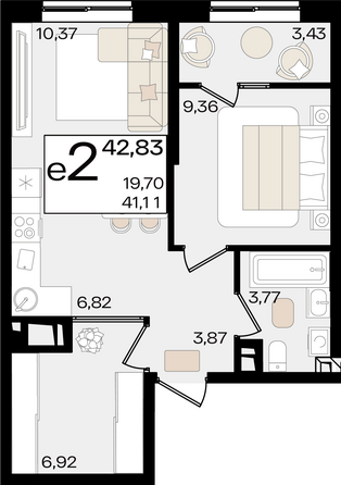 Планировка 2-комн 42,83 м²