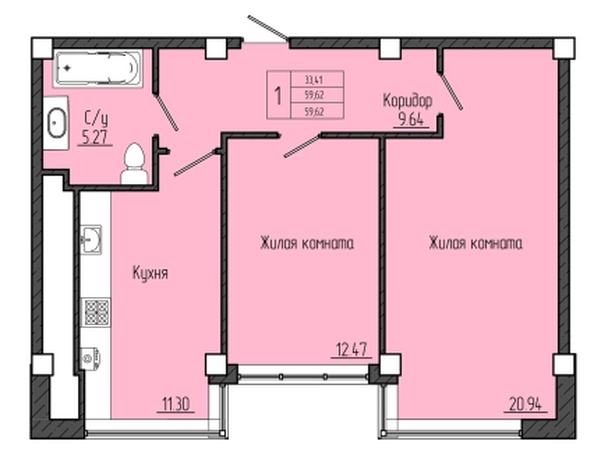 Планировка 2-комн 59,62 м²