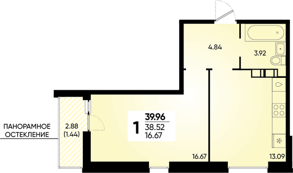 Планировка 1-комн 39,96 м²