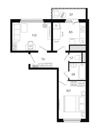 Планировка 2-комн 43,5 - 44,5 м²