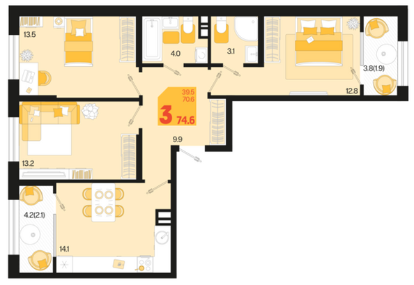 Планировка 3-комн 74,62 м²