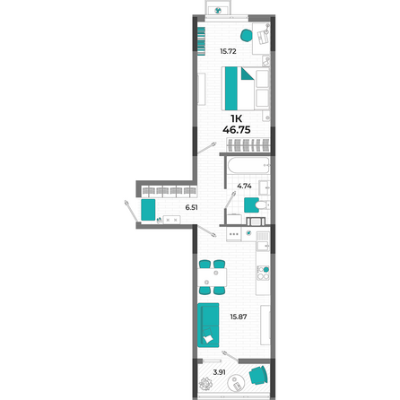 Планировка 1-комн 46,75 м²