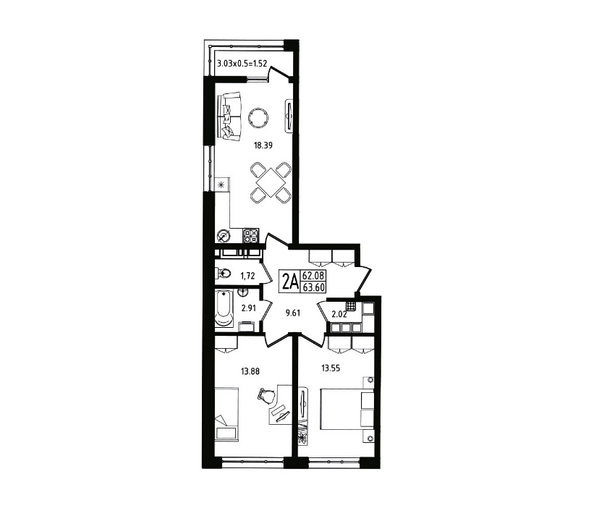 Планировка 2-комн 63,6 м²