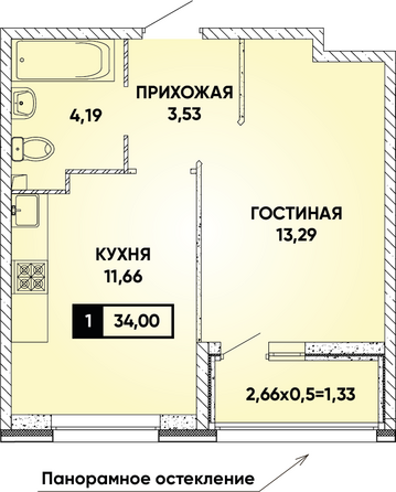 Планировка 1-комн 34 м²