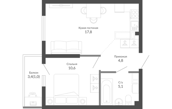 Планировка 1-комн 39,3 м²