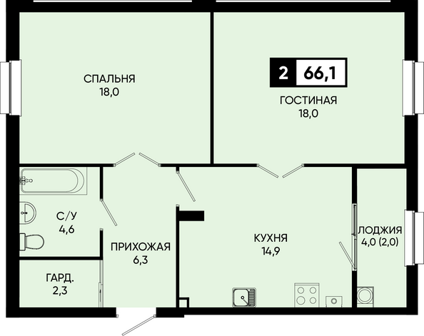 Планировка 2-комн 66,1 м²