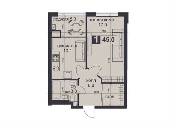 Планировка 1-комн 45,1 м²