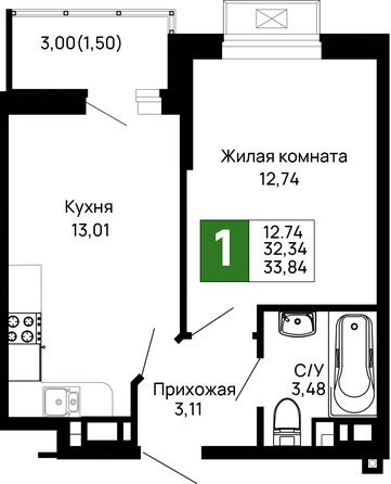 Планировка 1-комн 33,84 м²