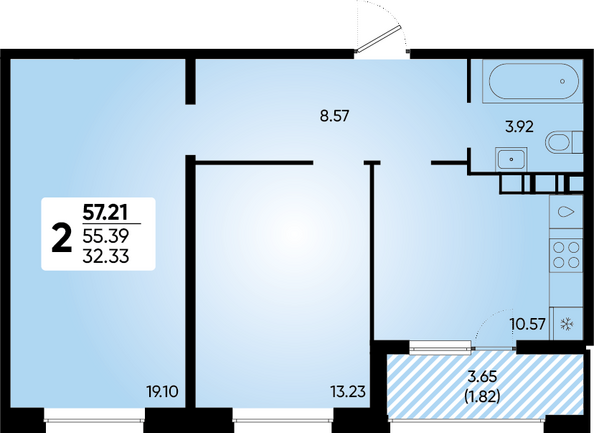 Планировка 2-комн 57,21 м²