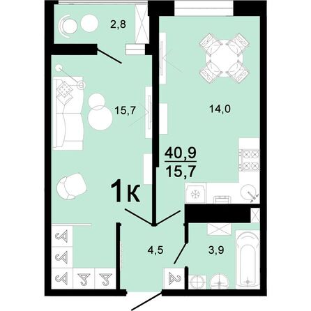 Планировка 1-комн 40,9 м²