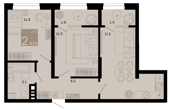 Планировка 2-комн 57,4 м²