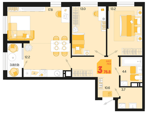 Планировка 3-комн 76,8, 77,7 м²