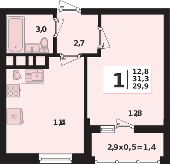 Планировка 1-комн 31,3 м²