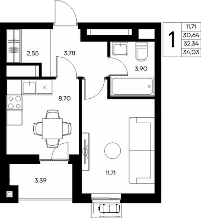 Планировка 1-комн 34,03 - 34,2 м²