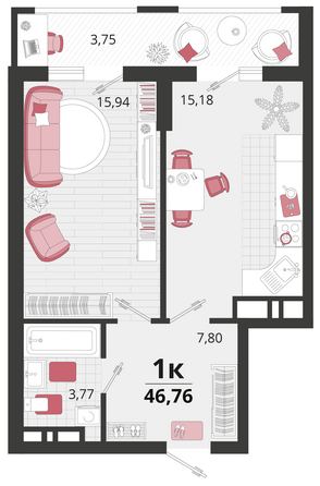 Планировка 1-комн 46,76 м²