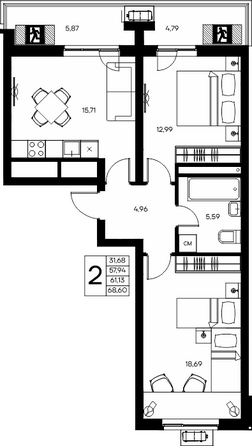 Планировка 2-комн 68,6 м²