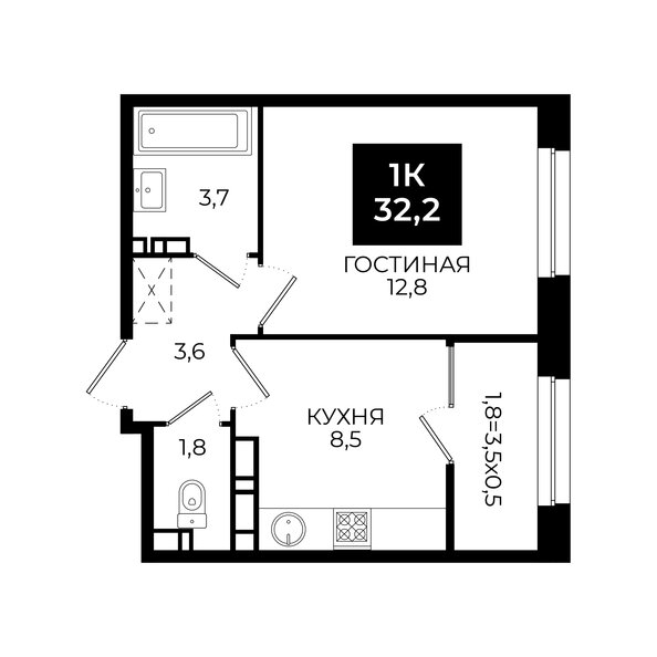 Планировка 1-комн 32,2 м²