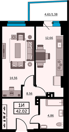 Планировка 1-комн 41,61 м²