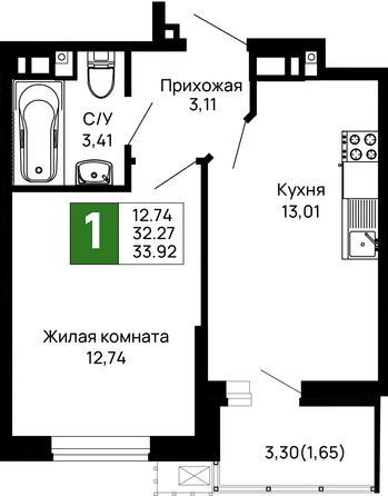 Планировка 1-комн 33,92 м²