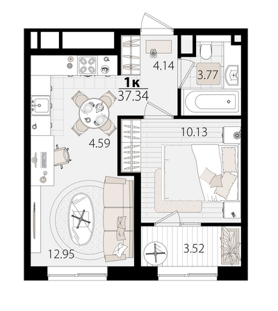 Планировка 1-комн 37,07 м²