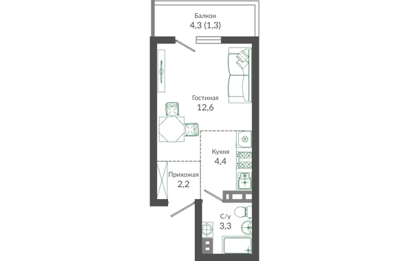 Планировка 1-комн 23,8 м²