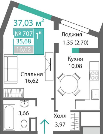 Планировка 1-комн 34,46 - 36,47 м²