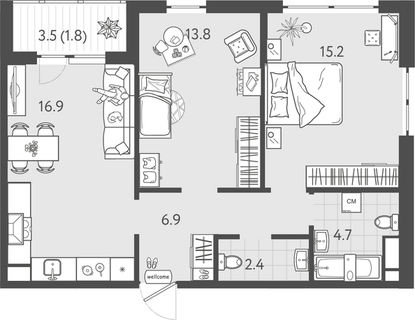 Планировка 2-комн 61,7 м²