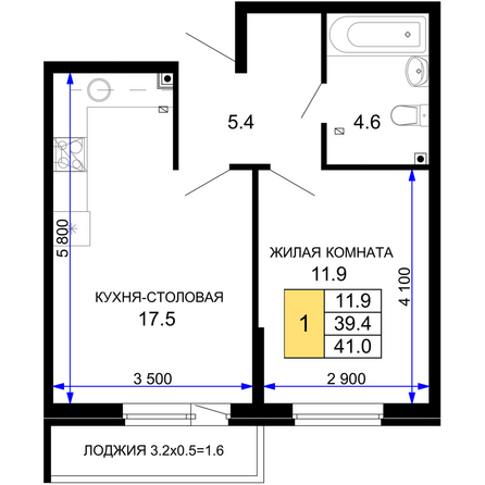 Планировка 1-комн 41 м²