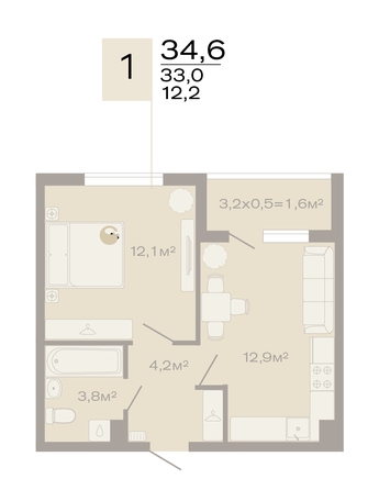 Планировка 1-комн 34,6 м²