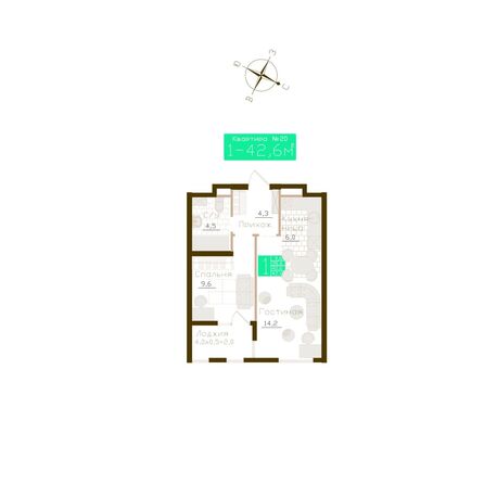 Планировка 1-комн 40,6, 40,9 м²