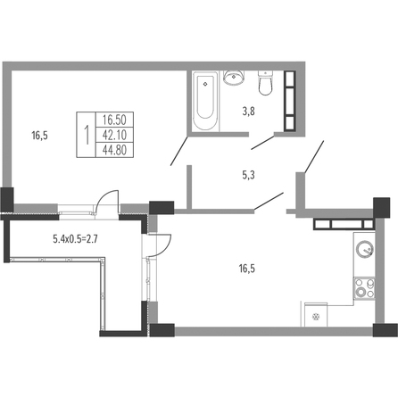 Планировка 1-комн 44,8 м²