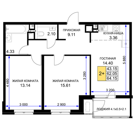 Планировка 2-комн 64,15 м²