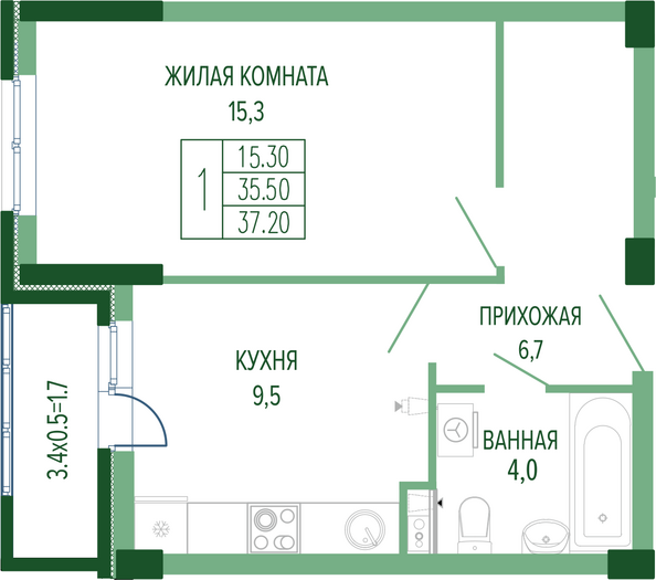 Планировка 1-комн 37,2 м²