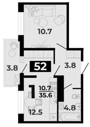 Планировка 1-комн 35,6 м²