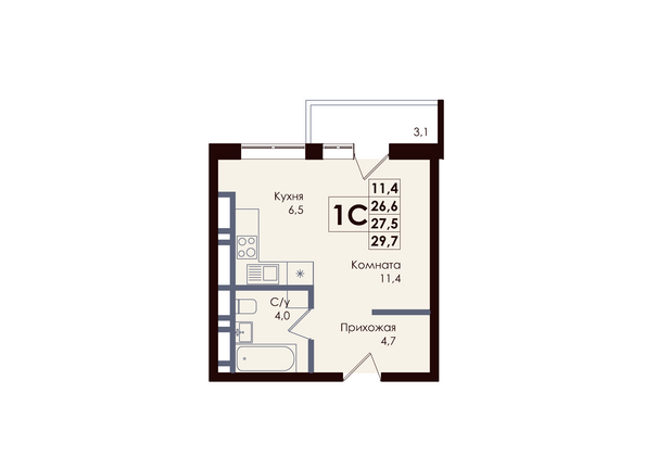 Планировка Студия 27,5 м²