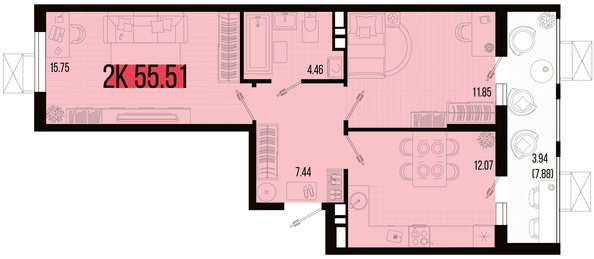 Планировка 2-комн 55,51 м²