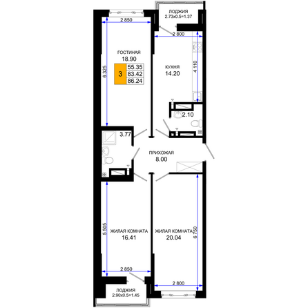 Планировка 3-комн 86,24 м²