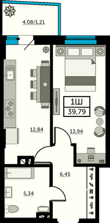 Планировка 1-комн 39,06 м²