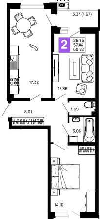 Планировка 2-комн 60,52 м²