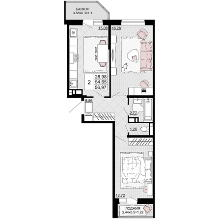 Планировка 2-комн 56,97 м²