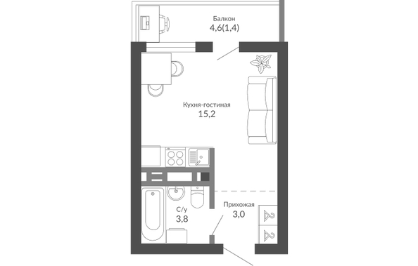 Планировка 1-комн 23,4 м²