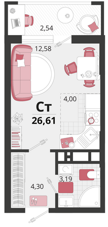 Планировка 1-комн 26,61 м²