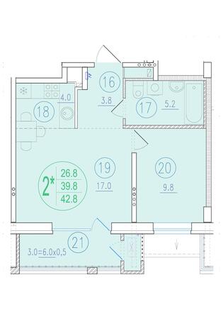 Планировка 2-комн 42,8 м²