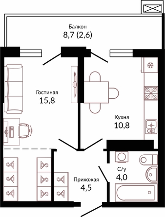 Планировка 1-комн 37,6 м²