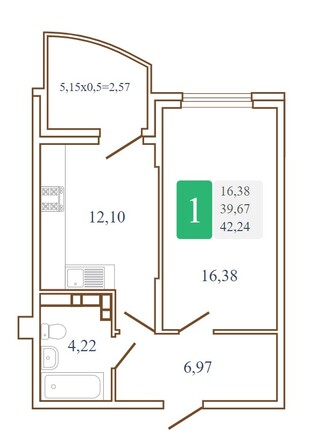 Планировка 1-комн 42,05 - 42,95 м²